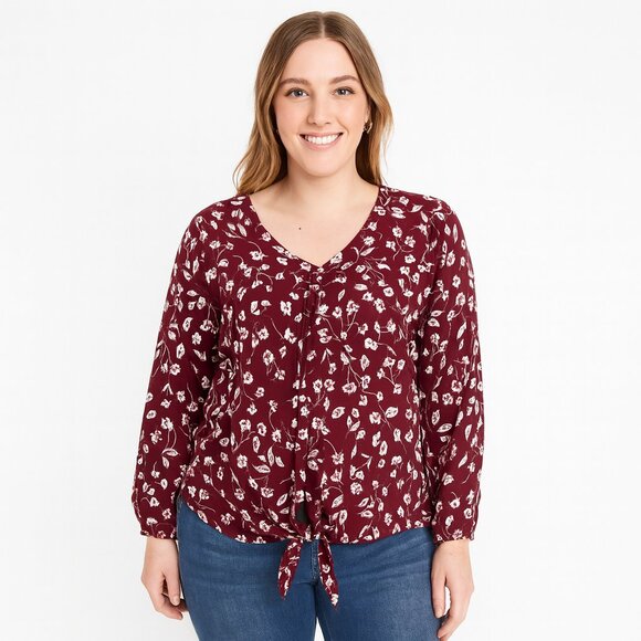Beacon Tops - Beacon Red White Floral Blouse Long Sleeve Women's Top Size Medium